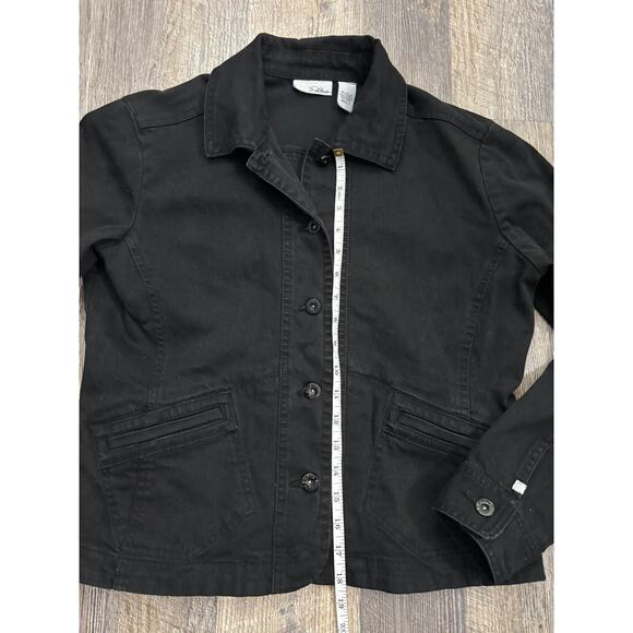 Chicos Platinum Black Denim Jacket Womens Size 1 M Button Front Stretch Cotton - Picture 3 of 5
